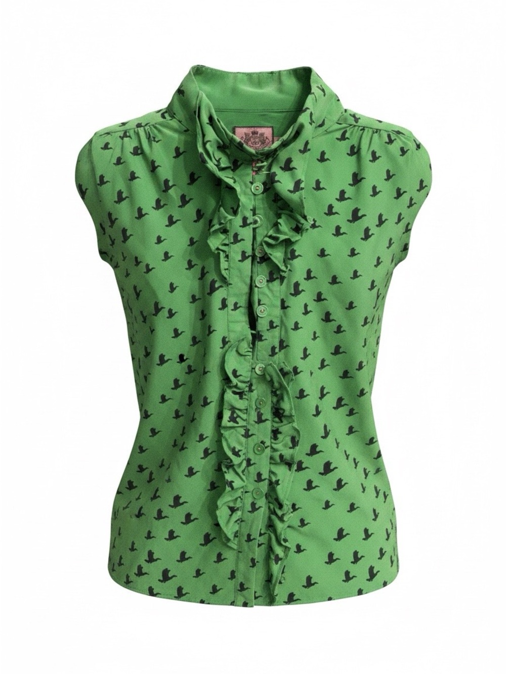 Juicy Couture Green Silk LS Ruffle Front Blouse with Bird Print